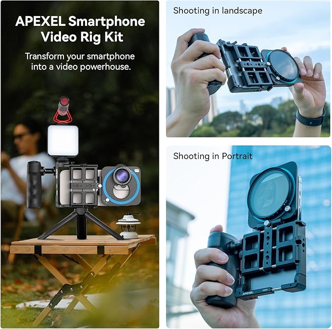 APEXEL Universal Phone Rig Video Kit. Aluminum Handheld Smartphone Vlogging Cage with Rechargeable Handle Wireless Bluetooth Shutter, Phone Stabilizer for Videomaker Compatible with iPhone/Android.