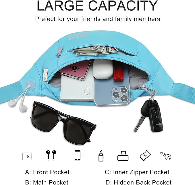 MAXTOP Large Crossbody Fanny Pack with 4-Zipper Pockets,Gifts for Enjoy Sports Festival Workout Traveling Running Casual Hands-Free Wallets Waist Pack Phone Bag Carrying All Phones