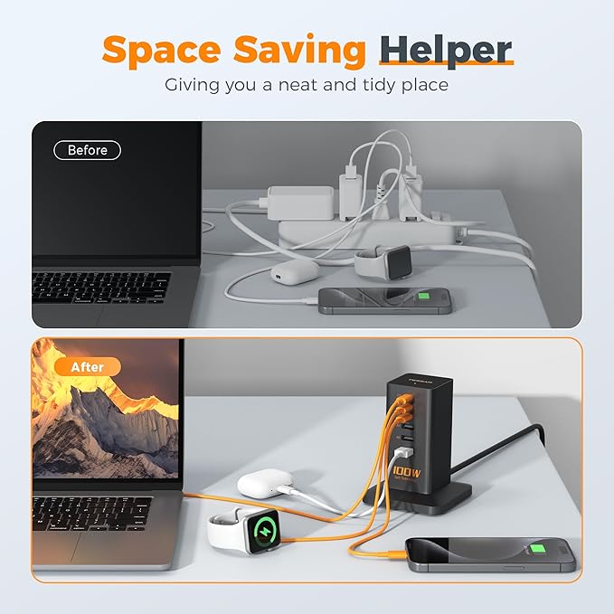 USB C Charger Blcok PD 100W, TESSAN 6-in-1 Charging Station for Multiple Devices, Desktop Tower Charger with 6 USB Ports for iPhone 16/15, MacBook, Tablet, Office Home Dorm Room Accessories