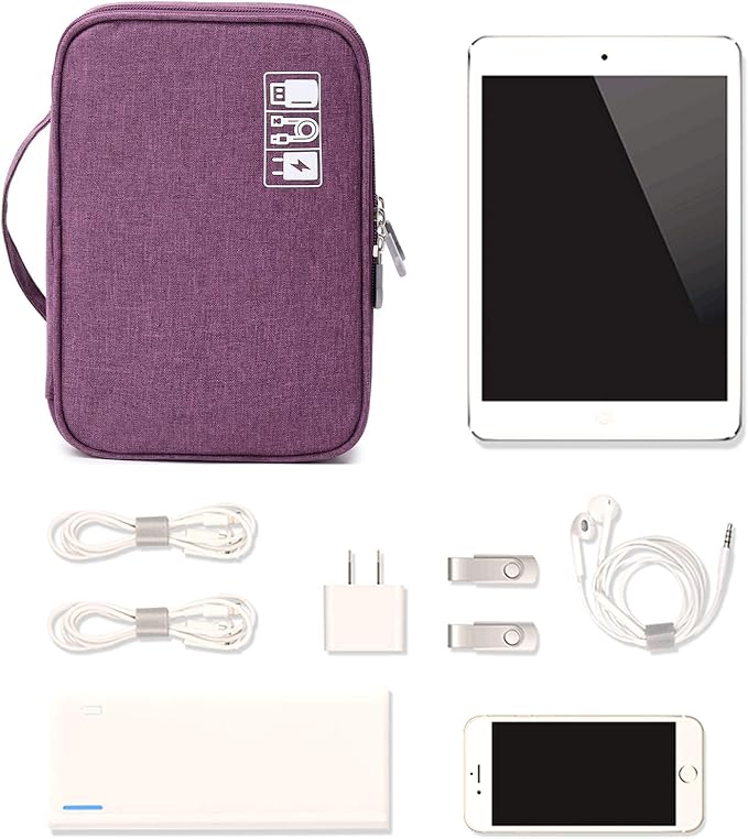 MIRLEWAIY Travel Electronics Organizer Soft Case Small Electronic Accessories Carrying Bag Double-Layer for Cords Phone Chargers Cables Earbuds Adapter Mouse, Purple