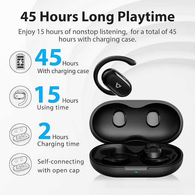 1Mii Open Ear Headphones, Wireless Sports Earbuds 60 Hours Long Playtime with Charging Case, Snug Fit Bluetooth Earbuds with Rotatable Ear Hooks, ENC Clear Calls Premium Sound IPX4 Waterproof （Black）