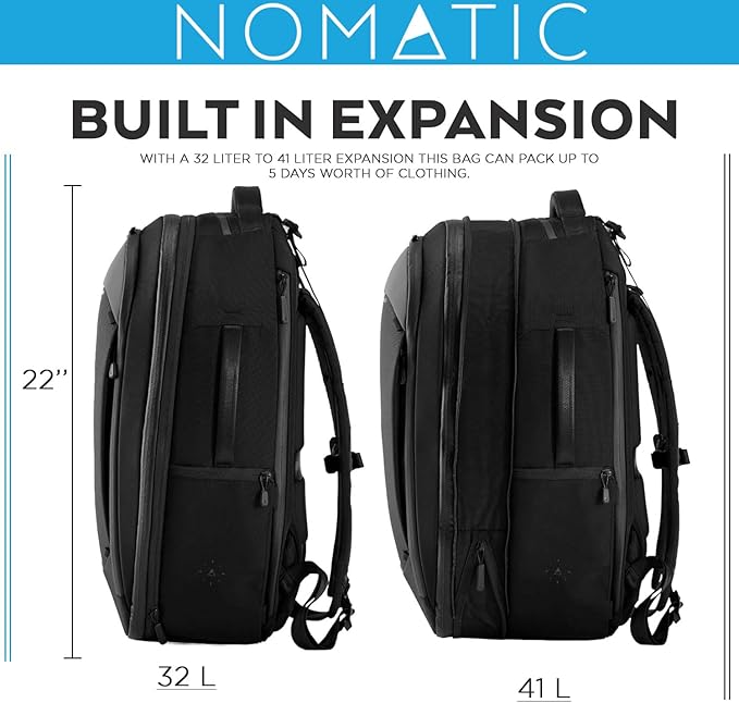 NOMATIC Navigator Travel Backpack - 32L Backpack with Laptop Compartment and 9L Built-In Expansion - Anti-Theft Carry-On Backpack for Travel - Water Resistant Travel Pack (Black)