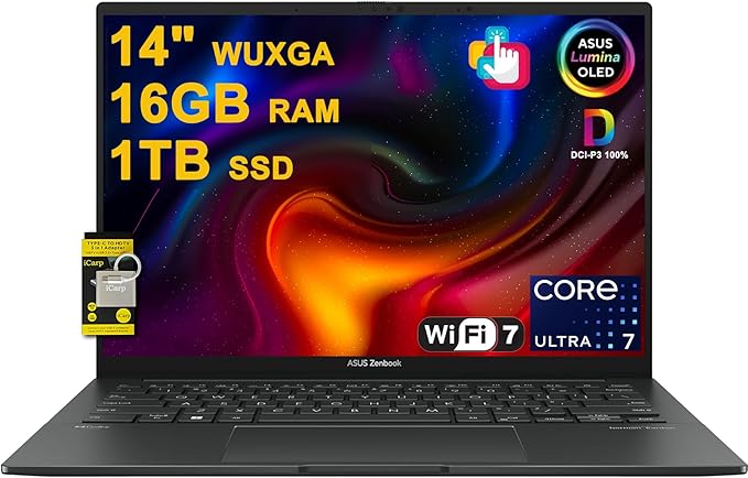 ASUS Zenbook 14 Creator Laptop 14" WUXGA Lumina OLED Touch (100% DCI-P3, 500nits HDR) Intel 16-core Ultra 7 255H (Up to 13 Tops) 16GB RAM 1TB SSD for Business Professional Win11 ICP Hub w/Copilot AI
