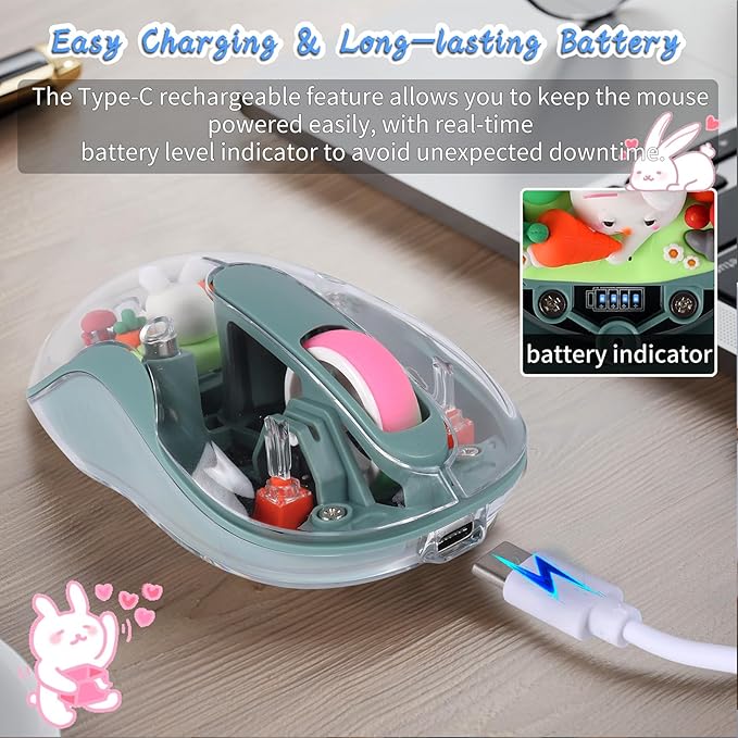 elec Space Cute Wireless USB C Mouse - Bluetooth Triple Mode Rechargeable Cartoon Mouse for Laptops, iPads & MacBook Air/Pro - Silent Operation, Portable Design, Unique Magnetic Character (Green)