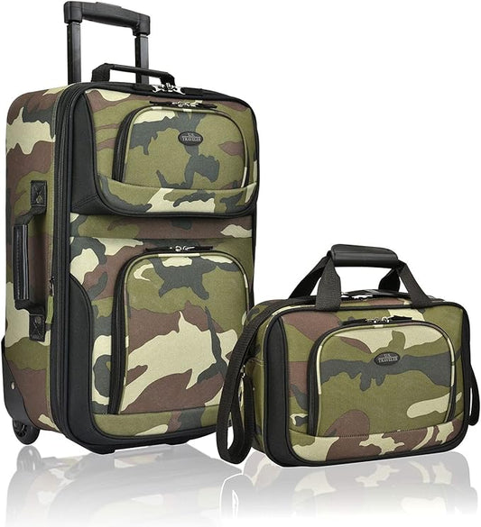 U.S. Traveler Rio Rugged Fabric Expandable Carry-on Luggage, Rolling Suitcase, Camouflage, 2 Wheel Set