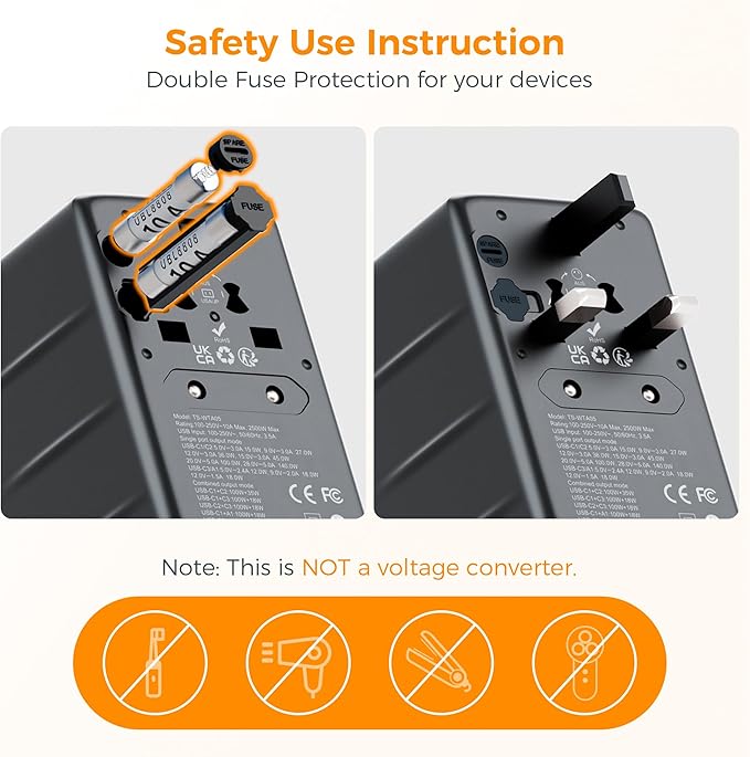 TESSAN Universal Travel Adapter, 140W GaN International Plug Adaptor with 3 USB C and 1 USB A Charging Ports, Worldwide Power Outlet for US to Europe UK AUS Ireland(Type C/G/A/I), Black