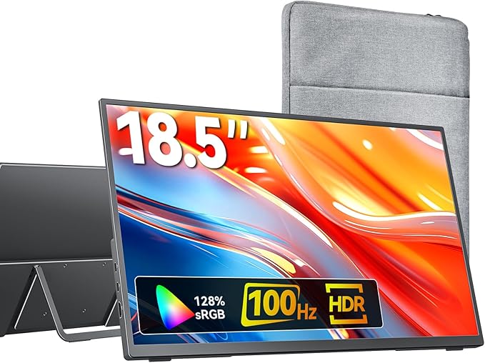 Portable Monitor 18.5 inch 1080P FHD 128% sRGB 100Hz, Travel Monitor for Laptop MacBook Surface PC Xbox PS5, HDMI Dual USB-C VESA Compatible Built-in Speaker, with Kickstand