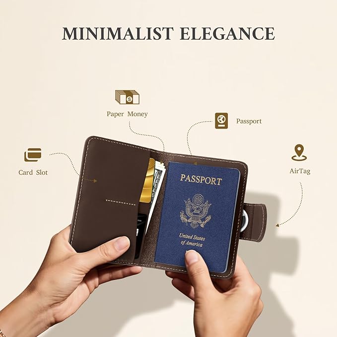 ALLIVE Passport Holder for Travel, Genuine Leather Passport Holder with AirTag Hidden, Rfid Passport Cover Travel Wallet for Airport Essentials, Travel Must Haves Gifts (Coffee Brown)