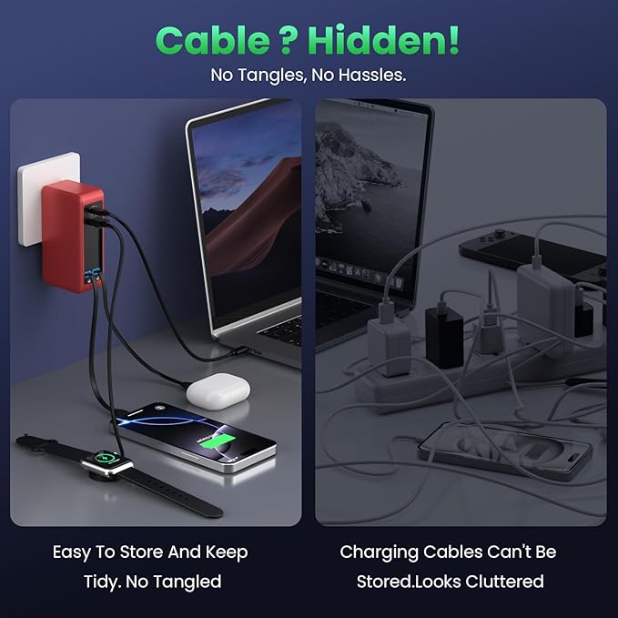 120W USB C Charger Block with 2 Built-in Retractable Cables,4-in-1 GaN IV Foldable Plug Wall Charger Fast Charging Station,PD 65W Laptop Adapter for MacBook/iPad,iPhone 16/15/14,Android (Red)