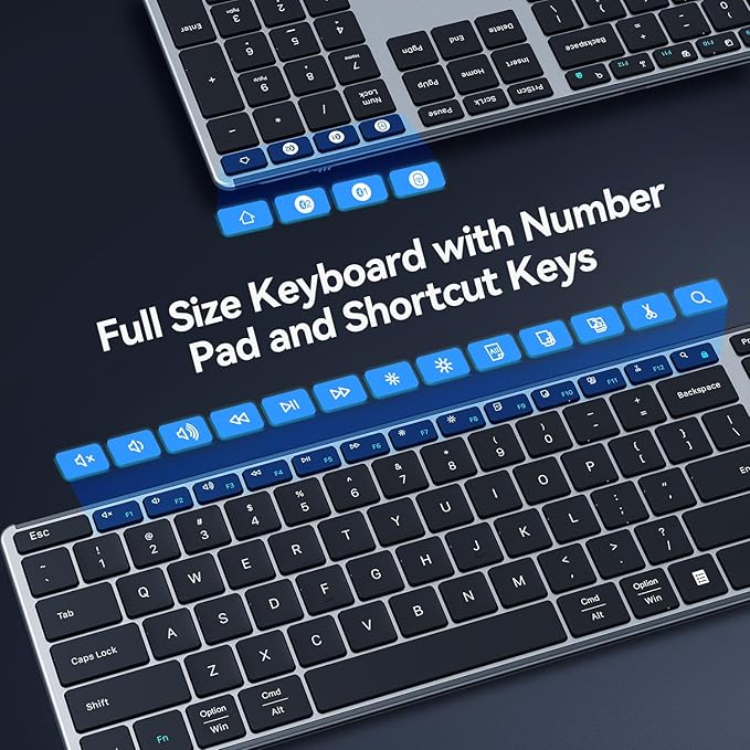 AUSDOM 2.4G Wireless Bluetooth Keyboard Full Size, Quiet Slim Multi-Device Rechargeable Cordless QWERTY Keyboard with Number Pad, Low Profile Silent Flat Universal Keyboards for Computer/Mac/Windows