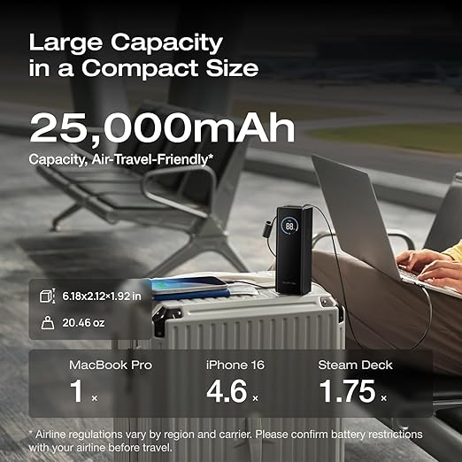EF ECOFLOW Rapid Power Bank, 25,000mAh, 100W Built-in and Retractable Cables, 170W Portable Charger with Triple 100W USB-C Port, Compatible with iPhone 17/16/15/14, Samsung, Laptop and More, Black