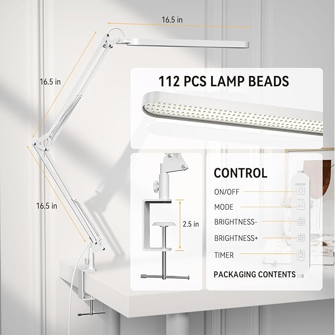 SKYLEO Led Desk Lamp - 31.5" Desk Light - 5 Color Modes X 11 Brightness Levels - Adjustable Swing Arm - Timmer & Memory Function - 12W Study Lamp - White