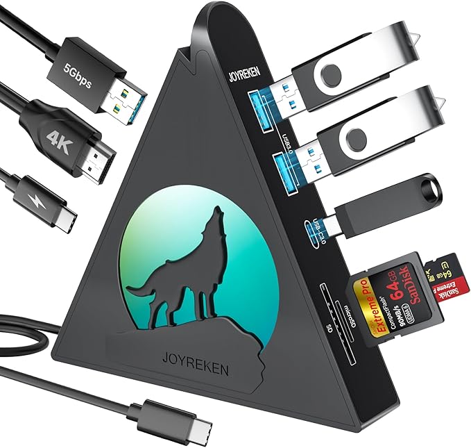 Vertical USB C Adapter Hub, 8-in-1 USBC HDMI Hub with 4K, 100W PD Pass-Through Charging, 5Gbps 3xUSB-A, USB-C 3.0, SD/TF Card Reader, RGB Wolf USB Hub Tower for MacBook, iPad, iPhone16, etc.