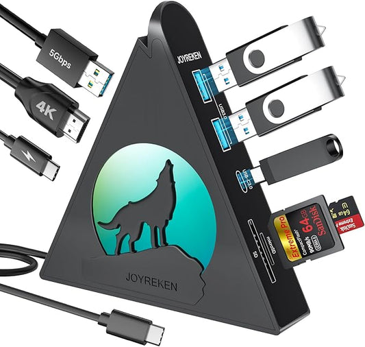 Vertical USB C Adapter Hub, 8-in-1 USBC HDMI Hub with 4K, 100W PD Pass-Through Charging, 5Gbps 3xUSB-A, USB-C 3.0, SD/TF Card Reader, RGB Wolf USB Hub Tower for MacBook, iPad, iPhone16, etc.