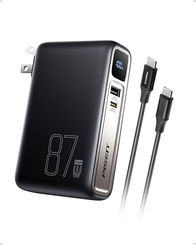 PISEN Wall Charger Power Bank - 87W 2-in-1 Hybrid Charger, 10000mAh GaN USB-C Portable Charger with Wall Plug, 87W Hybrid Charger Power Bank with Wall Plug for iPhone, iPad, MacBook, Samsung, Laptops