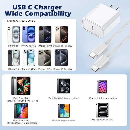 10FT iPhone 16 Charger Fast Charging,Apple Fast Charger 2Pack USB C Charger Block PD Type C Wall Adapter with 10Foot USB C to USB C Braid Woven Cable Charging for iPhone 16/16 Pro/16 Pro Max/15/iPad