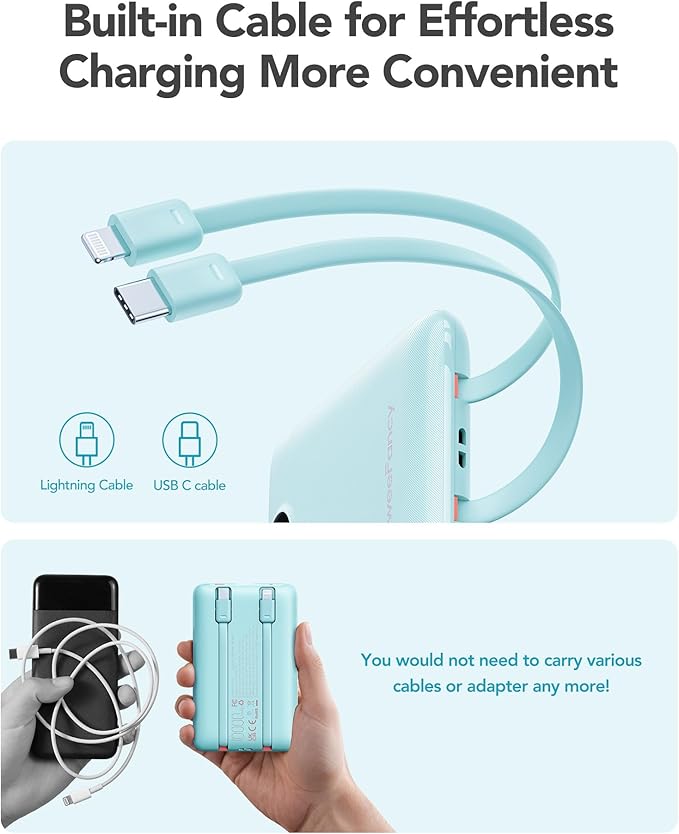 Mini Portable Charger with Built-in Cables 22.5W Fast Charging Power Bank USB-C Small Battery Pack 10000mAh Travel Essential Slim Battery for iPhone 17/16/15/14, Samsung 25/24, and More