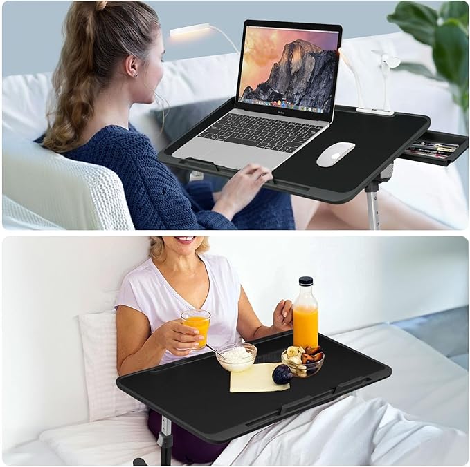 iXTRA Laptop Lap Desk Include Cooling Fan,Adjustable Lap Desk with Light Fan,Folding Laptop Desk for Bed with USB,Bed Desk with Storage Drawer 60 * 40cm,Black