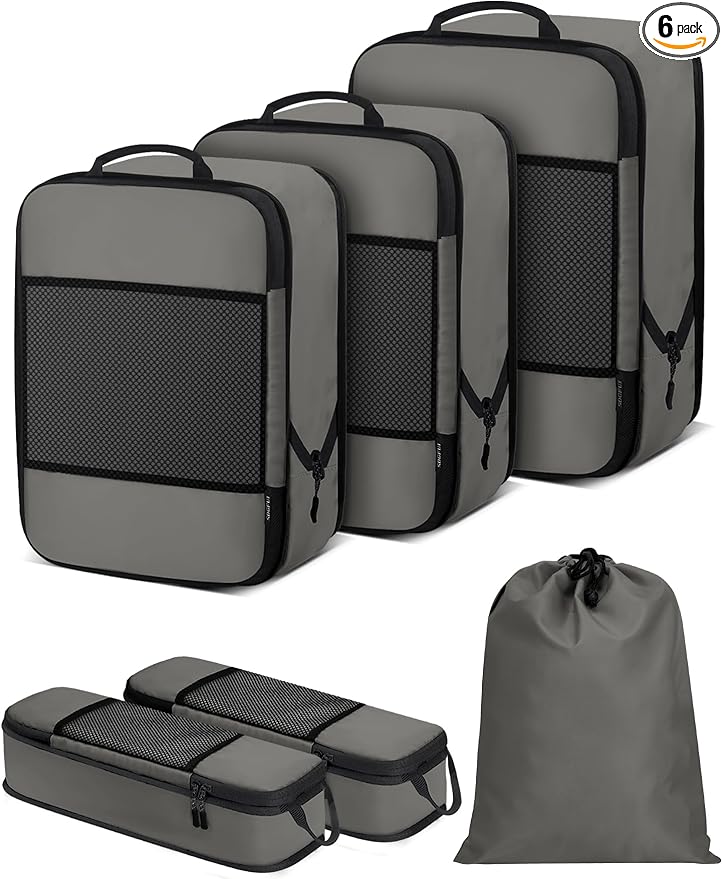 6 PCS Set Compression Packing Cubes for Travel, Lightweight Packing Organizer Bags Travel Essentials for Carry On, Suitcase, Home Closet - Grey