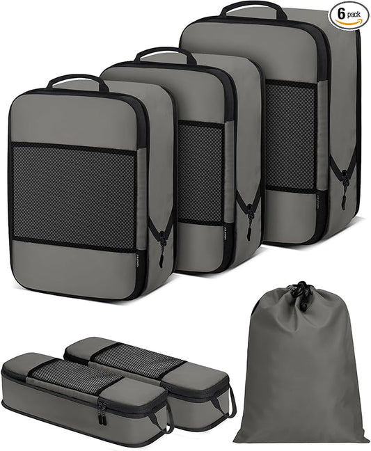 6 PCS Set Compression Packing Cubes for Travel, Lightweight Packing Organizer Bags Travel Essentials for Carry On, Suitcase, Home Closet - Grey