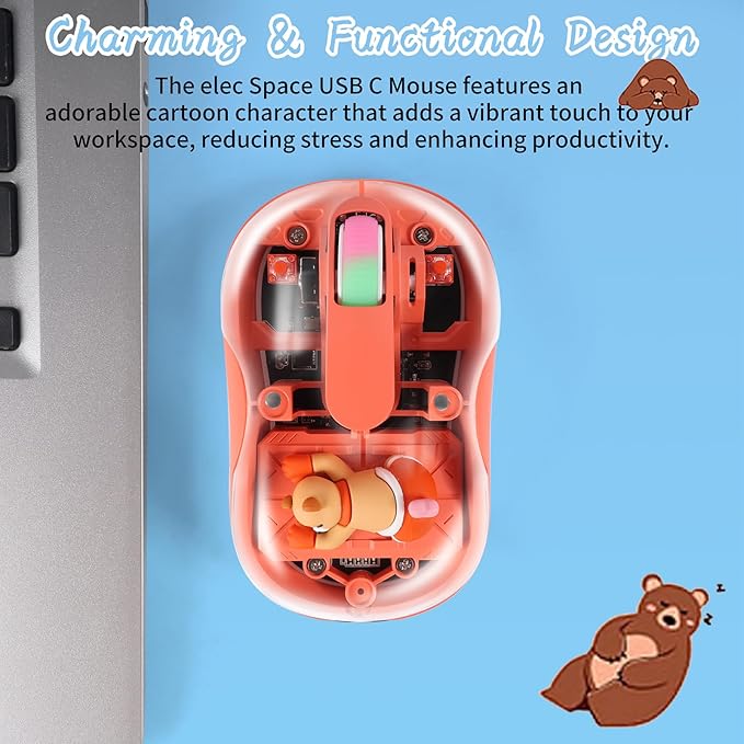 elec Space Cute Wireless USB C Mouse - Bluetooth Triple Mode Rechargeable Cartoon Mouse for Laptops, iPads & MacBook Air/Pro - Silent Operation, Portable Design, Unique Magnetic Character (Orange)