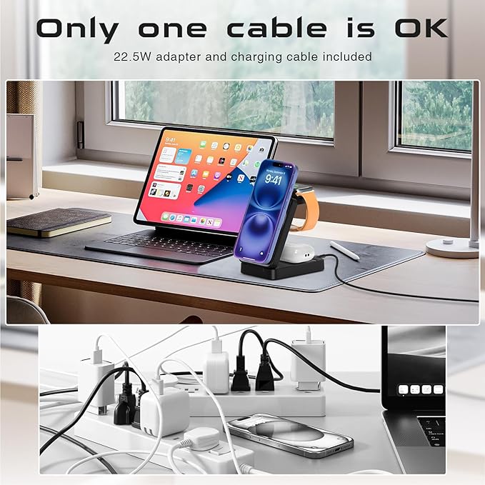3 in 1 Wireless Charger Station for Multiple Apple Devices,Portable Magnetic Charging Foldable Stand for iPhone 16 15 14 13 12 11 ProMax/Airpods/Fast Travel Charger with MagSafe for Apple Watch Series