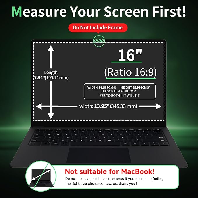 Laptop Privacy Screen 16 Inch, Laptop Screen Privacy Shield 16:9 Aspect Ratio Anti-Glare Blue Light Computer Monitor Protector,Removable 16in Filter for Lenovo HP Dell Acer Asus Thinkpad Envy Xps