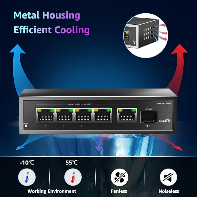 6 Port 2.5Gb Unmanaged Ethernet Switch with 5* 2.5G Base-T Ports, 1*10G SFP Ports, AUMOX PRO 60Gbps Switching Capacity Compatible with 100/1000/2500Mbps Plug and Play