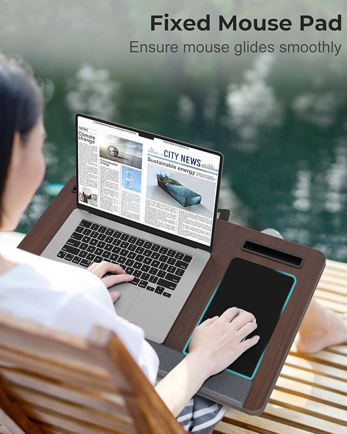 Lap Desk - Up to 17” Laptop Tray with Wrist Rest, Portable Handle, Fixed Mouse Pad, Tablet & Phone Slots, Laptop Lap Desk with Cushion (Dark Brown)
