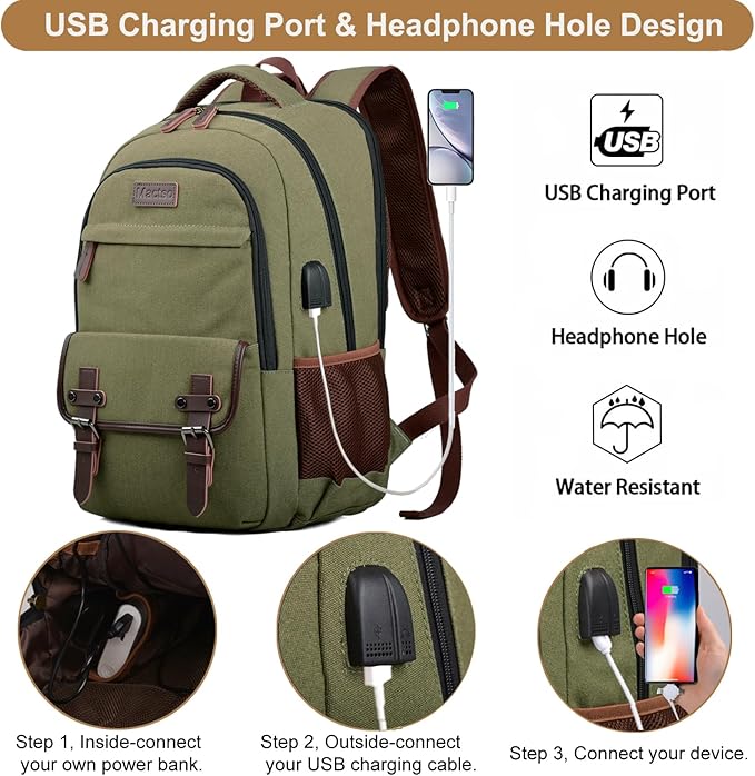 Mactso Canvas Travel Laptop Backpack for Men Women, Business Work Rucksack College Computer Bag Fits 17.3 Inch Notebook,Bookbag with USB Charging Port (Green, 17.3 Inch)