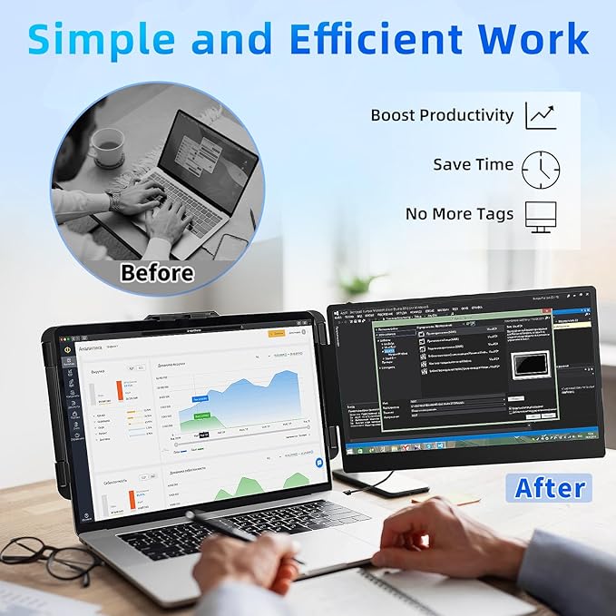 Laptop Screen Extender Travel Monitor - 14" Dual Portable Monitor IPS FHD 1080P Travel Work Extra Screen Plug and Paly USB-C HDMI Port Compatible with Wins Mac Chrome Dex Fits 13-17" Laptops