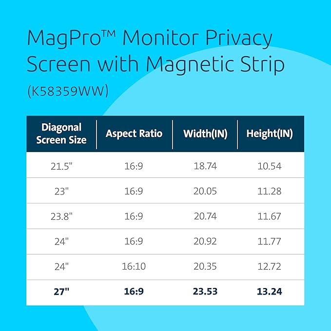 Kensington MagPro 27 Inch Magnetic Computer Privacy Screen for Desktop, Removable 16:9 Computer Privacy Filter, Anti-Glare Blue Ray Reduction, Compatible with Slim Bezel Monitors, K55419WW