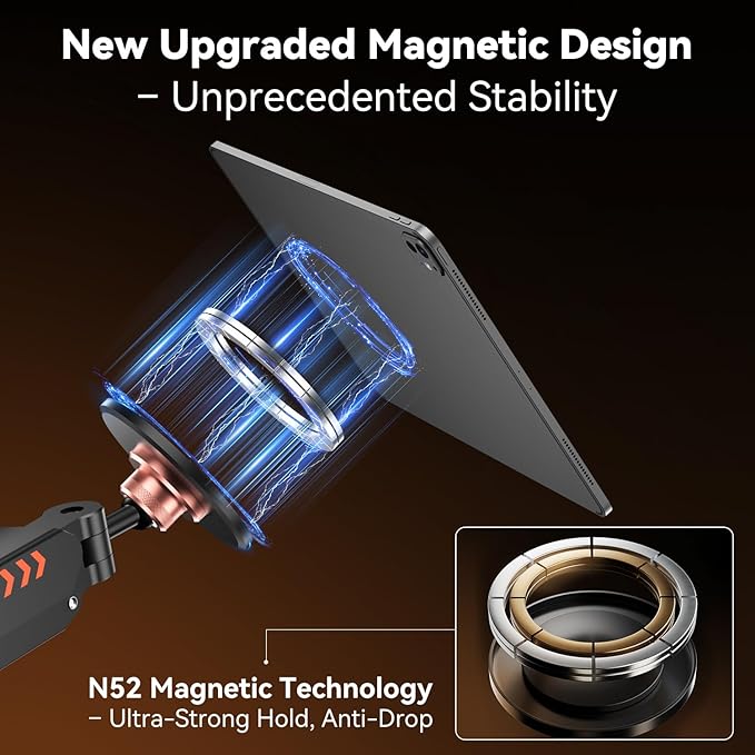 Magnetic Tablet Stand, Adjustable Desk Mount for iPad & All Tablets, 360° Rotating Foldable Arm with Gas Spring, Heavy Duty Aluminum, for Home Office, Kitchen, Bedside, Studio, White