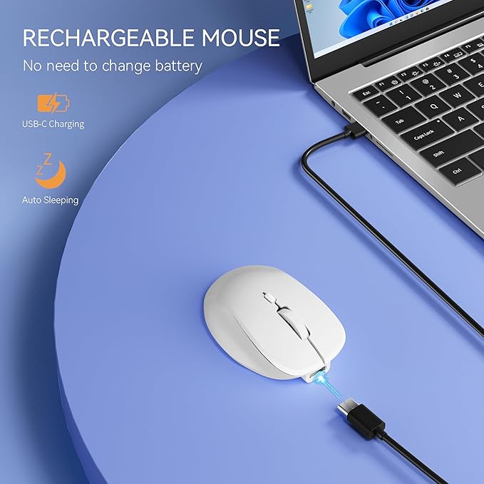 Uiosmuph Mini Wireless Bluetooth Mouse for Travel, Silent Rechargeable Computer Mouse for Laptop, Small Portable BT5.1/5.0 & 2.4Ghz with USB Receiver and Type C Adapter - White