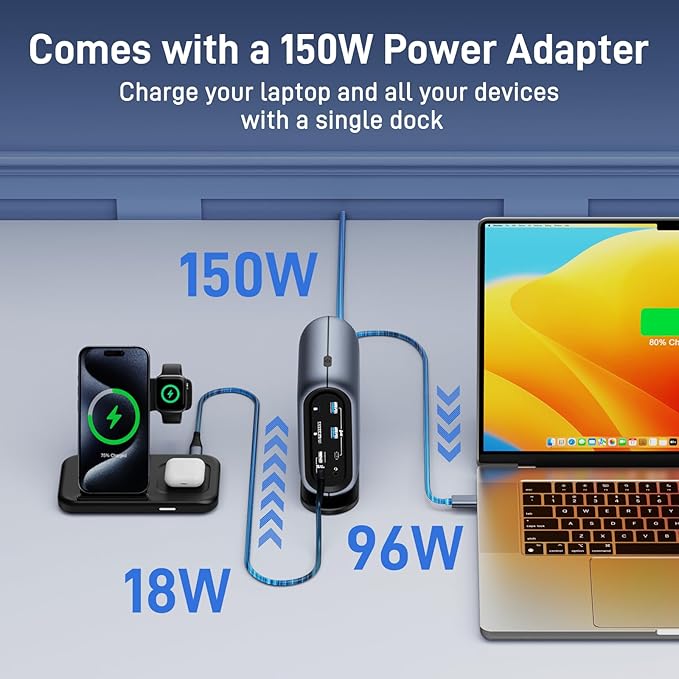 Triple Display Docking Station with 150W Power Adapter for Windows and MacBooks, Equipped with Multiple High-Speed Ports