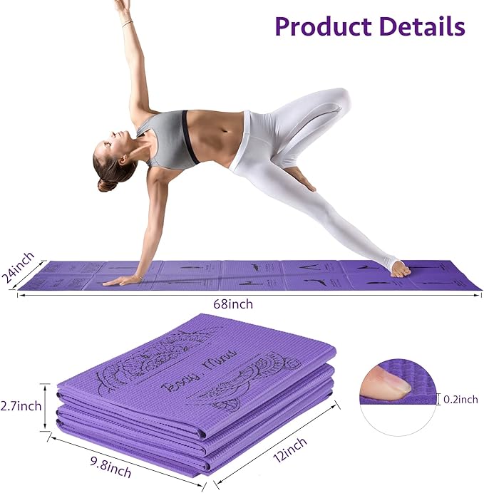 Foldable Yoga Mat for Women, Non Slip Exercise Mat for Home Gym, 5mm Travel Yoga Mats Set With Stretch Strap for Yoga Pilates and Fitness, 68"L x 24"W x 0.2 Inch Thick