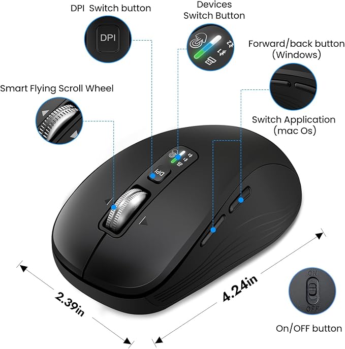 Wireless Mouse with 2 Bluetooth and 1 USB, 4-Way Scrolling, Full Size Mouse, Silent, Long Battery Life, Adjustable Cursor Speed, for Computer, Laptop, Tablets, iPad, Desktop, MacBook (Side Buttons)