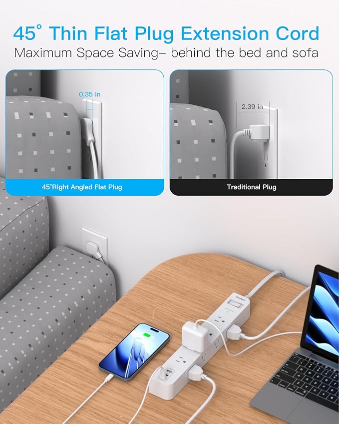 One Beat Extension Cord 15 ft,Surge Protector Power Strip with 8 Widely AC Outlets 3 USB(2 USBC),Flat Plug Power Strip,Desktop Charging Station with Overload Protection for Home,Office,Dorm,ETL Listed