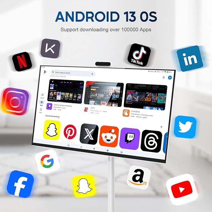 32 Inch 4K Smart Portable TV, Qualcomm Snapdragon 665 CPU, Built-in 20000mAh Battery with 10H Life Time, 8+128GB, Android OS, Rolling Touch Screen Monitor on Wheels, Air Remote Mouse, with 5MP Webcam