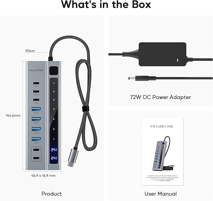 Powered USB C Hub, PULWTOP 9-in-1 USB-Hub suppprt 10Gbps & PD 45W Max Charging(Not Support Video), USB Powered Hub with 3 USB-C, 4 USB-A for Laptop, MacBook, iPad and More (72W Adapter Included)