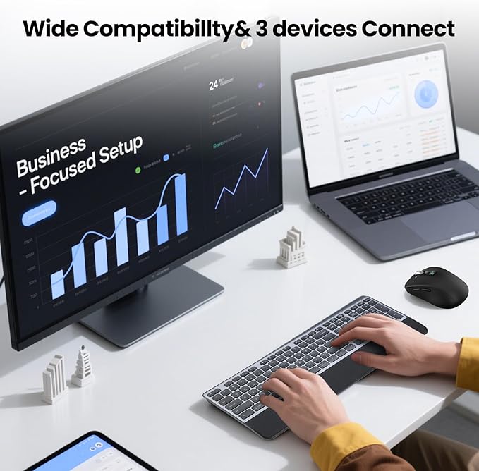 Wireless Mouse with 2 Bluetooth and 1 USB, 4-Way Scrolling, Full Size Mouse, Silent, Long Battery Life, Adjustable Cursor Speed, for Computer, Laptop, Tablets, iPad, Desktop, MacBook (Side Buttons)