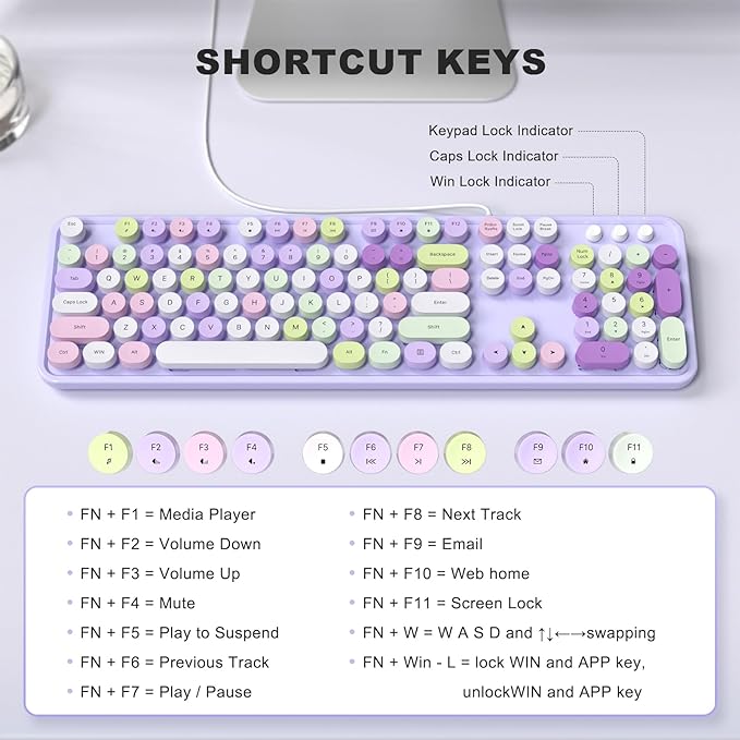 Colorful Computer Keyboards Wired, USB Plug and Play Full Size Typewriter Keyboard, Cute Aesthetic Keyboard with Foldable Stands for Windows PC Laptop (Purple)