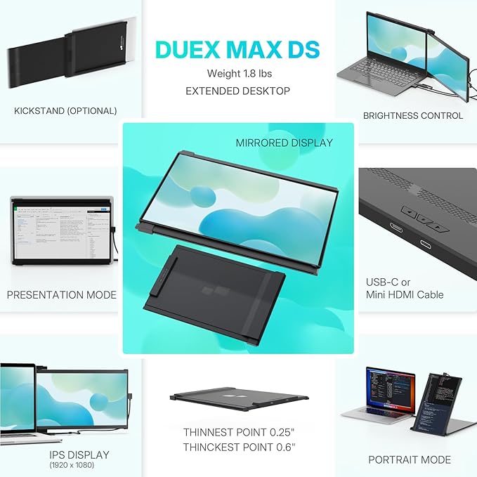 Portable Monitor - [2025 Upgrade] Mobile Pixels Duex Max DS 14.1'' Laptop Screen Extender, USB C/HDMI Plug and Play, 1080P Monitor for 14''-17 '' Laptops, Compatible with Mac/Windows/Android/Switch