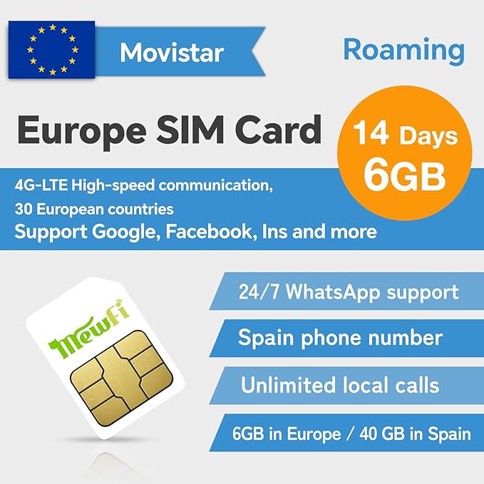 Movistar Europe SIM Card with Spanish Phone Number, 14 Days 6GB in Europe, 40 GB in Spain – Easy Activation & 24/7 Whatsapp Support, 4G, Unlimited Local Calls – Compatible with Unlocked Phones