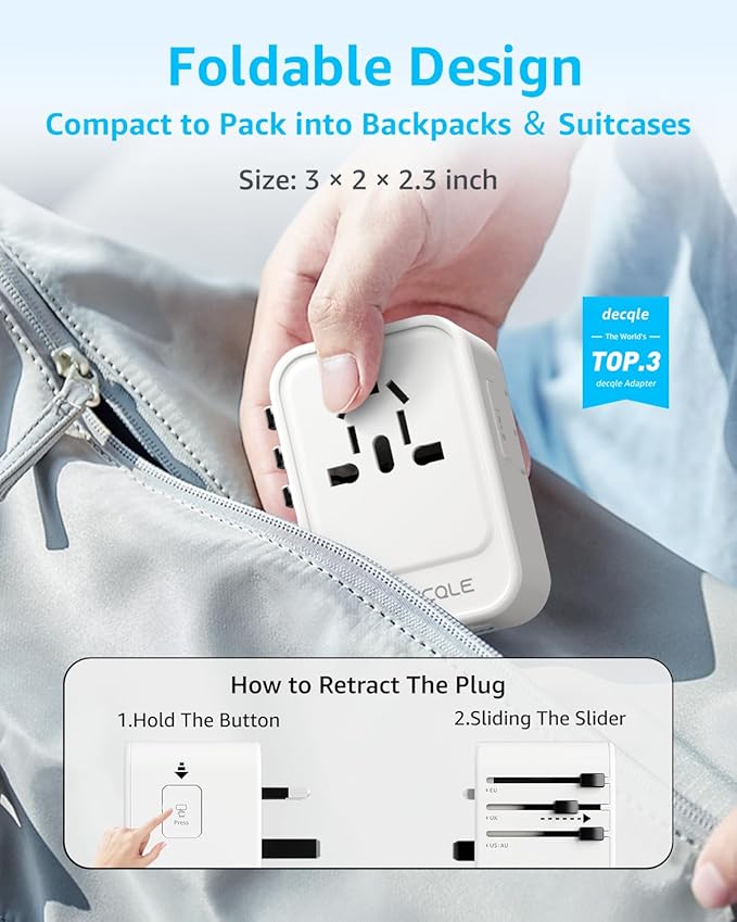 Universal Travel Adapter, International Travel Plug Adapter with 2 USB-C(GaN 65W) ＆ 1 USB-A Ports, All in One Portable Adaptor, for USA, UK, EU, AU ＆ 224+ Countries (White) US
