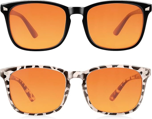 2 Packs Professional Sleep Glasses with 98.7% Blue Light Blocking Dual AR Coatings Amber Lens, Computer Gaming Glasses for Men Women, Anti Fatigue & Eye Strain