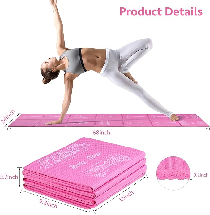 Foldable Yoga Mat for Women, Non Slip Exercise Mat for Home Gym, 5mm Travel Yoga Mats Set With Stretch Strap for Yoga Pilates and Fitness, 68"L x 24"W x 0.2 Inch Thick
