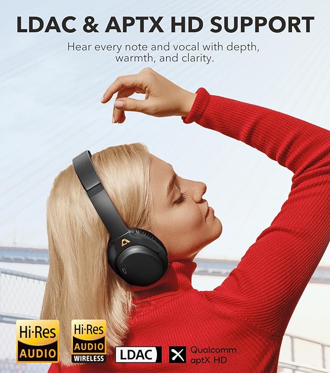 1Mii E700 Wireless Bluetooth Over Ear Headphones with Active Noise Canceling, Hi-Res Audio LDAC/aptX Low Latency for Airplane Travel Overhead Comfort, 54H Playtime, Custom EQ via App - Black