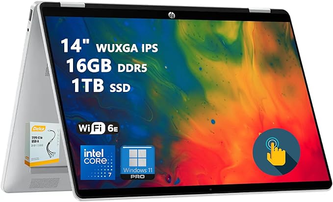 HP OmniBook 5 Flip 2-in-1 Laptop | 14" WUXGA IPS Touchscreen | 10-Core Intel Core 7 150U | 16GB DDR5 1TB SSD | Backlit Keyboard Wi-Fi6E 5MP IR Privacy Camera Win 11 Pro w/DLCA Accessory