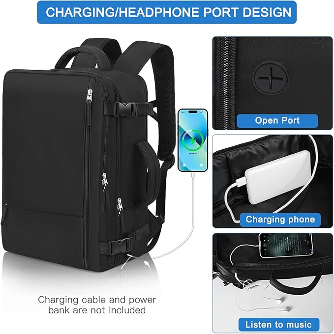 Hanples Travel Backpack for Women Men, Large Carry On Person Item Luggage Backpack, TSA Flight Approved 17.3 In Laptop Bag, Waterproof anti theft Casual Hiking Bag (Black)